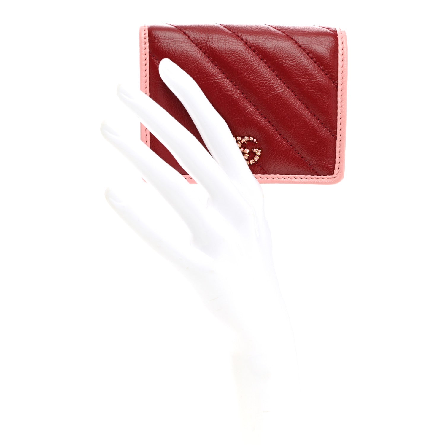 Gucci Azalea Calfskin Enamel Matelasse Diagonal Torchon GG Marmont Card Case New Cherry Red Wild Rose 2 of 7