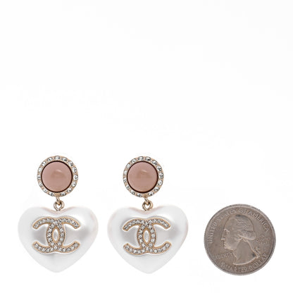 Chanel Pearl Resin Crystal CC Heart Drop Earrings Pink Gold 2 of 4