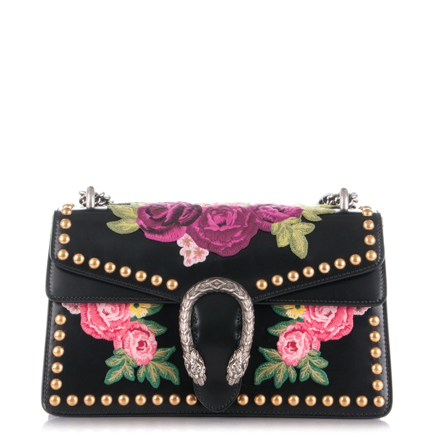 Calfskin Floral Embroidered Studded Small Dionysus Shoulder Bag Black