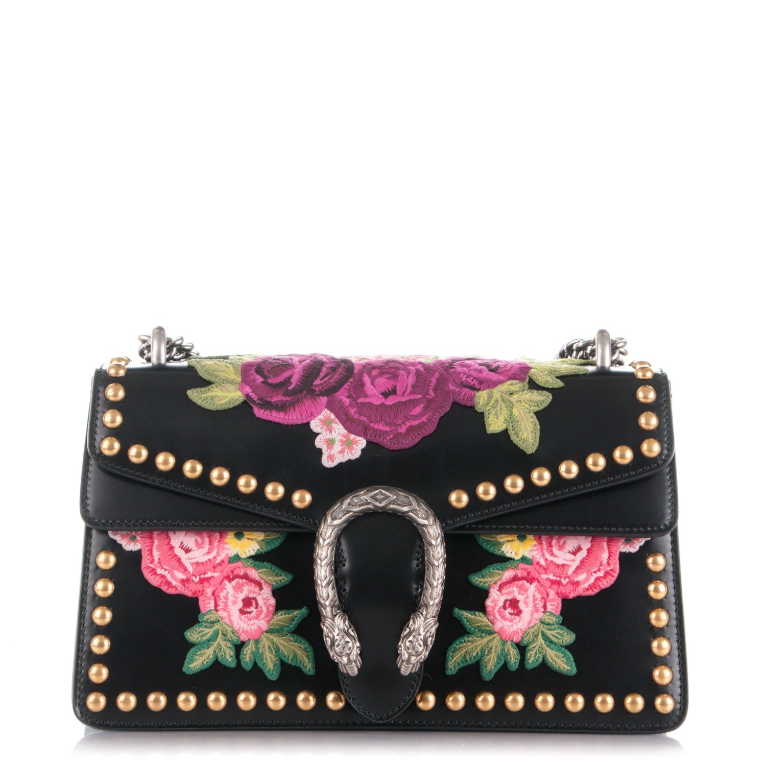 Gucci Calfskin Floral Embroidered Studded Small Dionysus Shoulder Bag Black 1 of 9