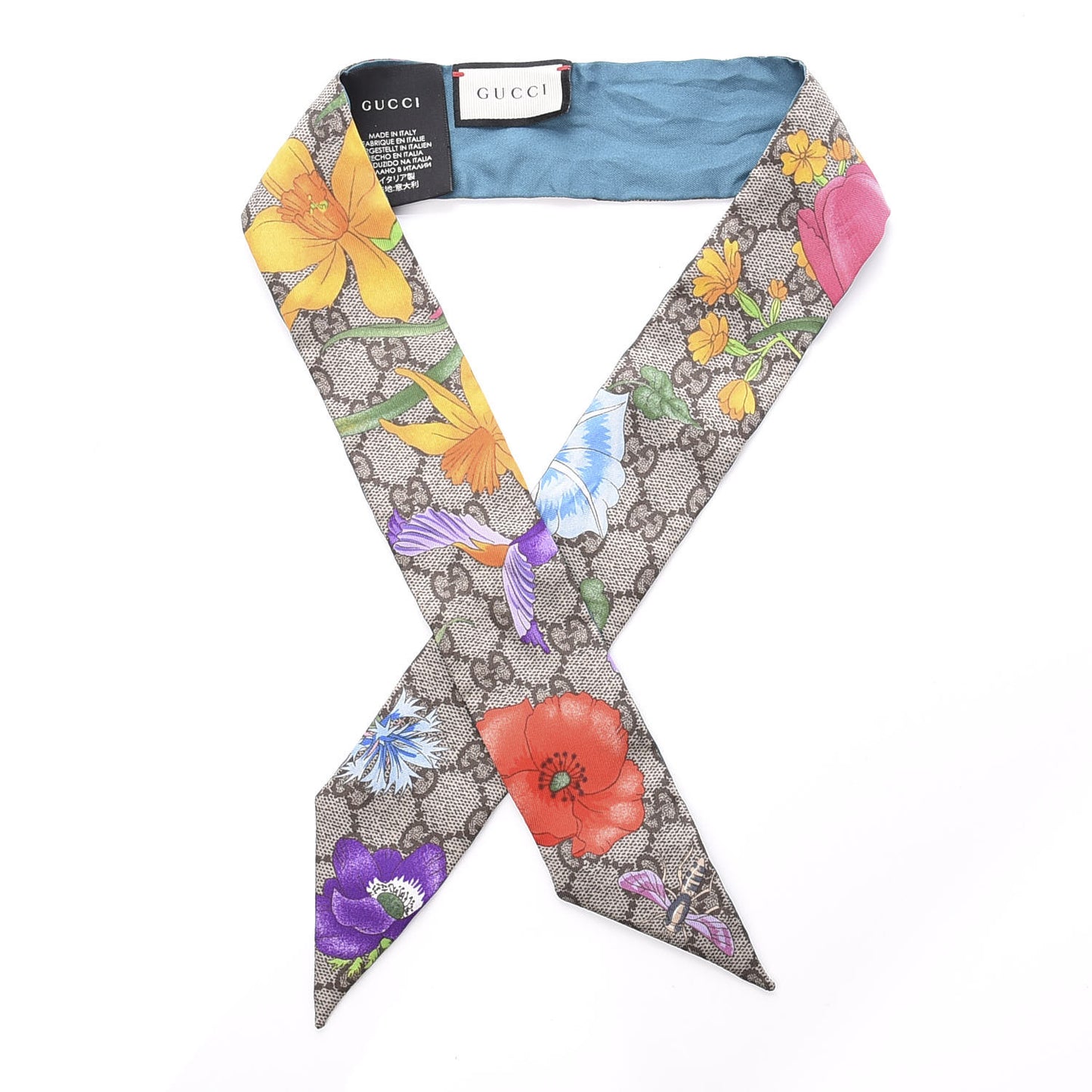 Silk Twill GG Monogram Special Flory Neck Bow Scarf Beige Sky Blue