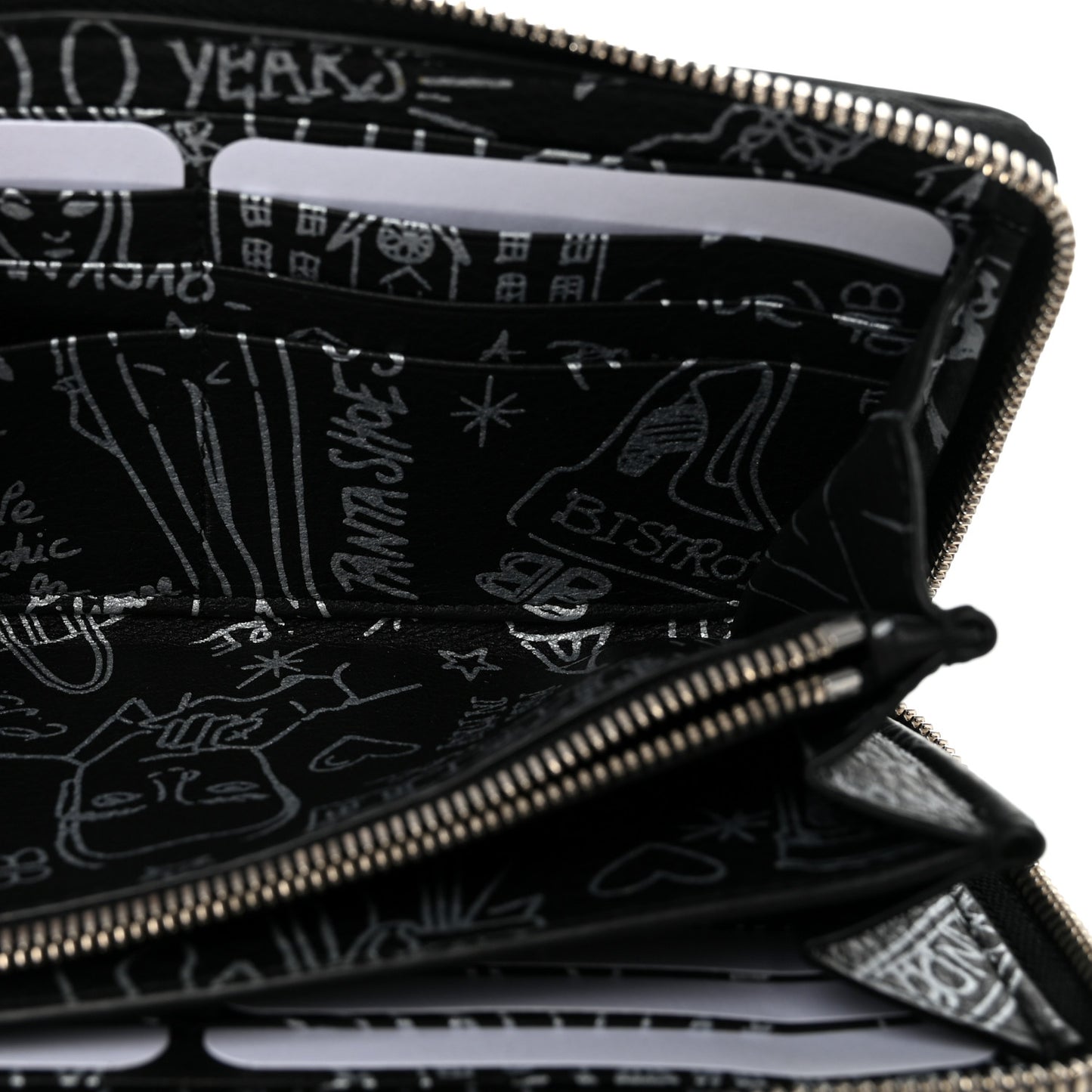 Calfskin Classic Silver Hardware Printed Tattoo Everyday Continental Zip Around Wallet Black