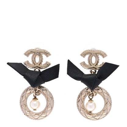 Chanel Lambskin Logo Drop Earrings Gold Black 1 of 5
