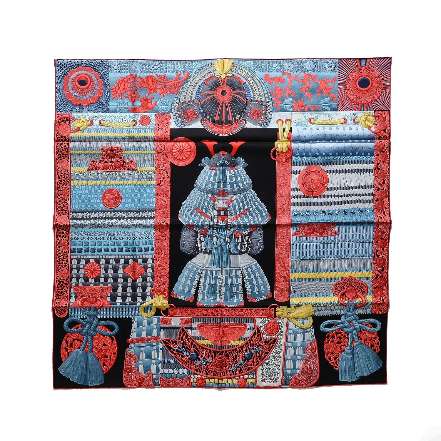 Hermes Silk Parures de Samouraïs Scarf 90 Black Rouge Blue Jean 1 of 3