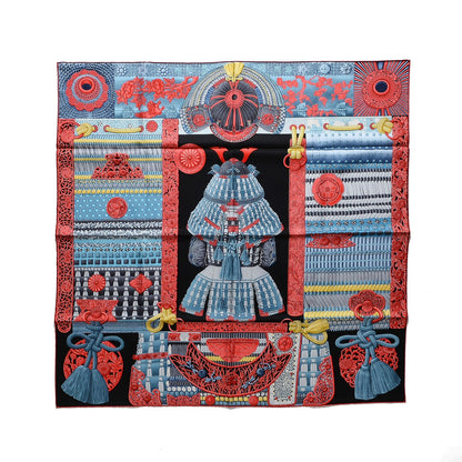 Hermes Silk Parures de Samouraïs Scarf 90 Black Rouge Blue Jean 1 of 3