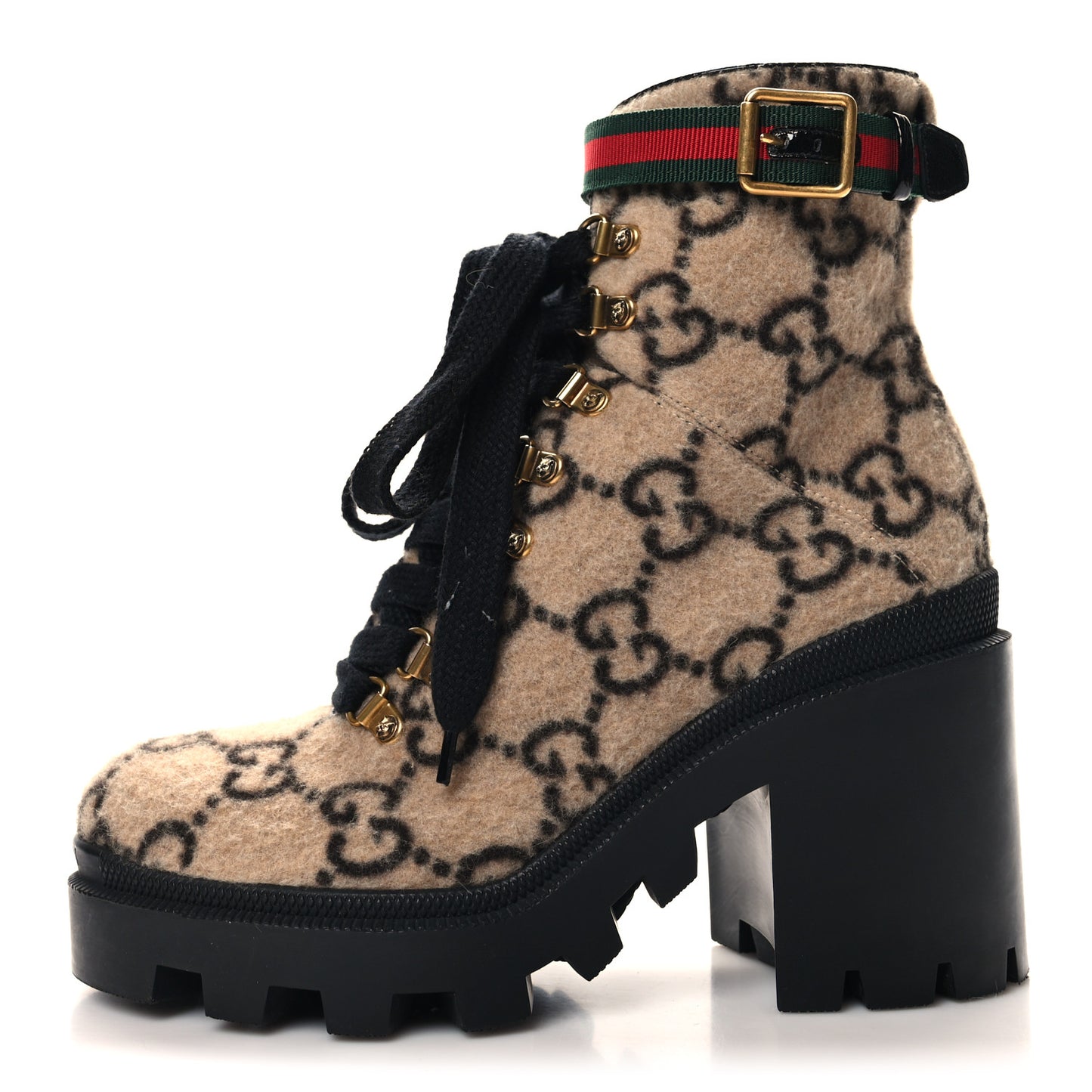 Covered Wool GG Monogram Womens Lace Up Combat Ankle Boots 38.5 Beige Ebony Black