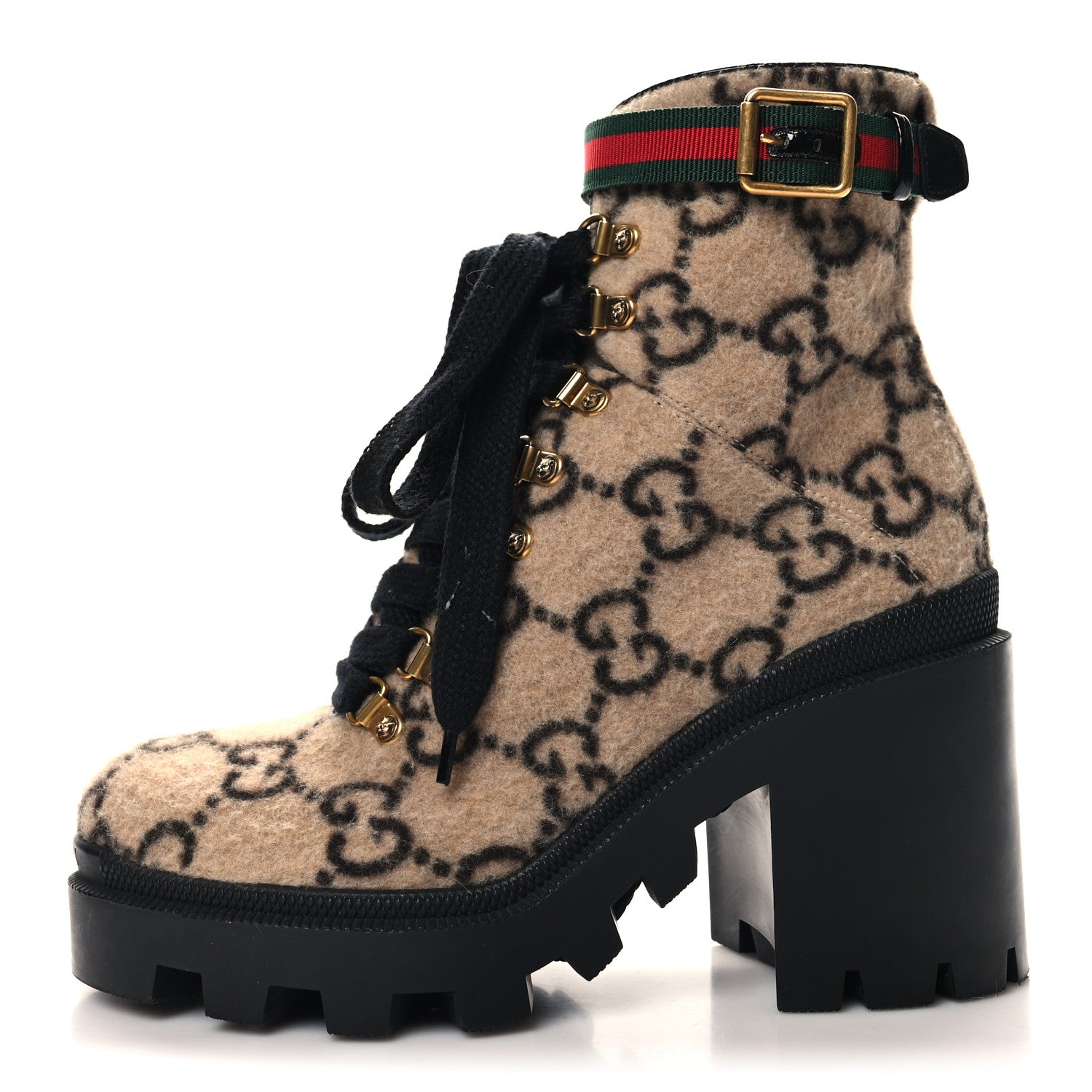 Gucci Covered Wool GG Monogram Womens Lace Up Combat Ankle Boots 38.5 Beige Ebony Black 1 of 8