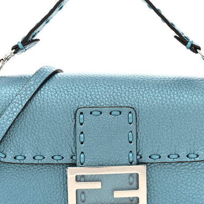 Fendi Metallic Cuoio Roma Sellerissima Nappa Sintetica Tape Stitch Mini Baguette Placca Argento 8 of 10
