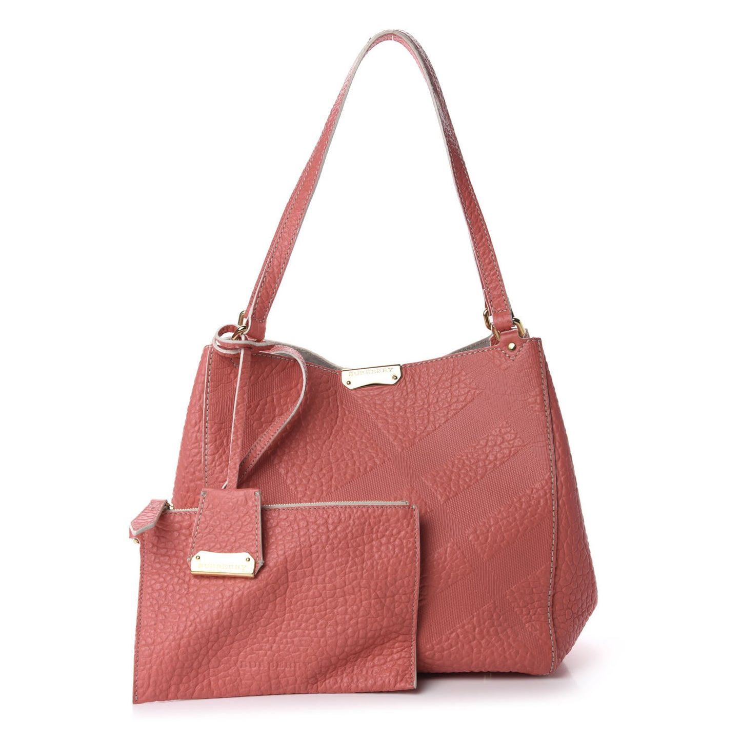 Signature Grain Calfskin Check Embossed Small Canterbury Tote Rose Pink