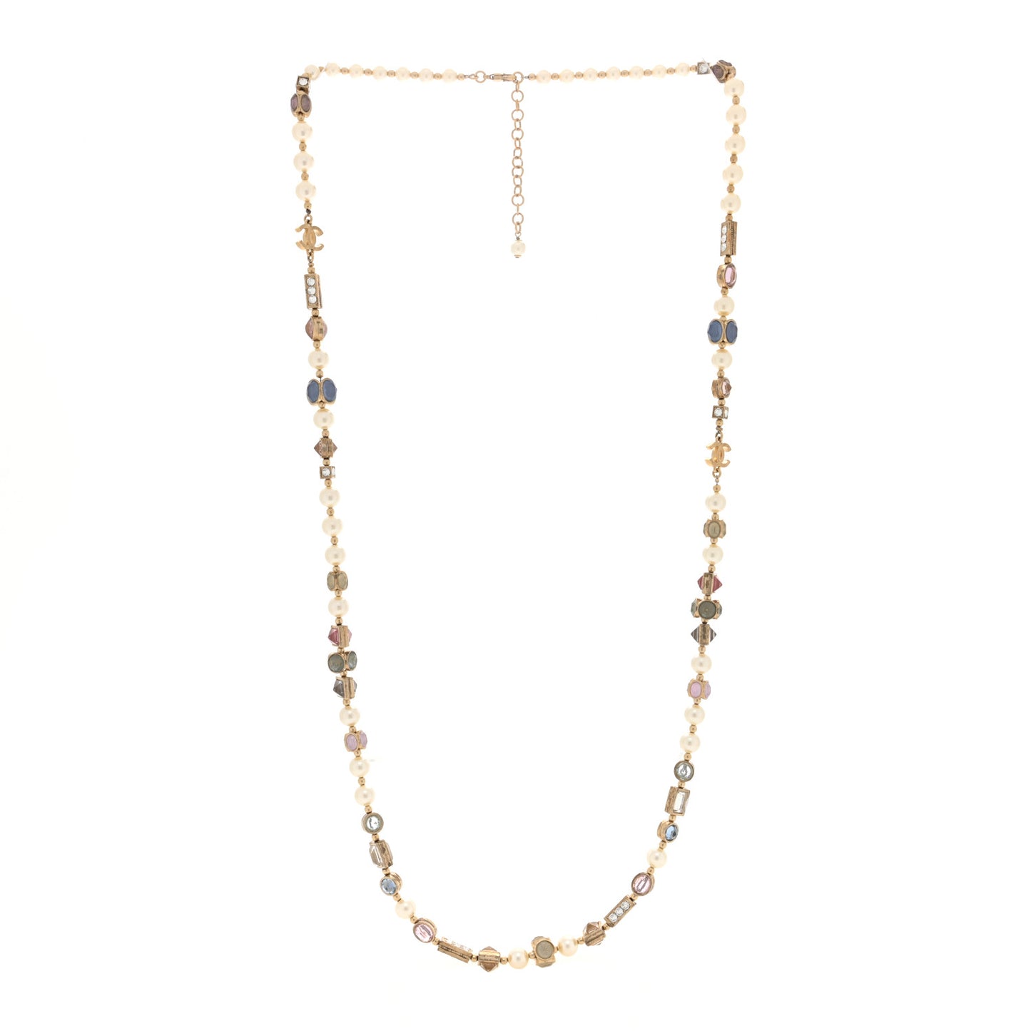 Pearl Crystal Chicklet Sautoir CC Long Necklace Gold Multicolor