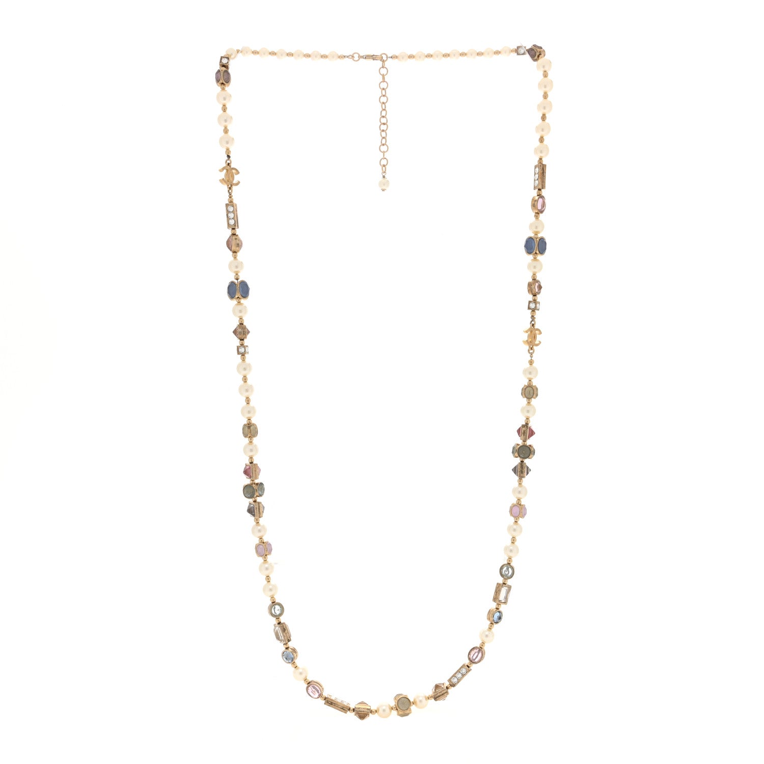 Chanel Pearl Crystal Chicklet Sautoir CC Long Necklace Gold Multicolor 3 of 4