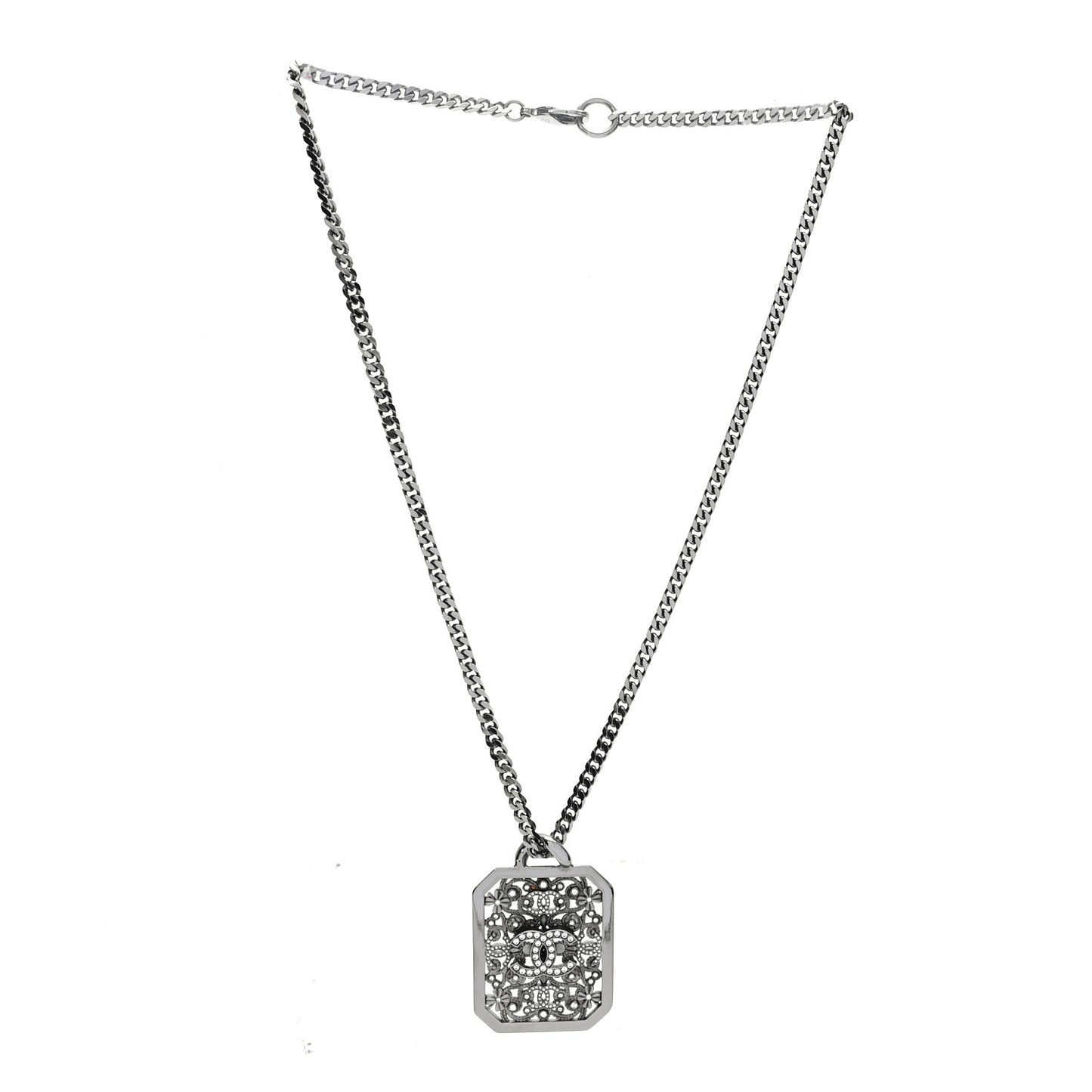 Crystal Strass CC Pendant Necklace Silver