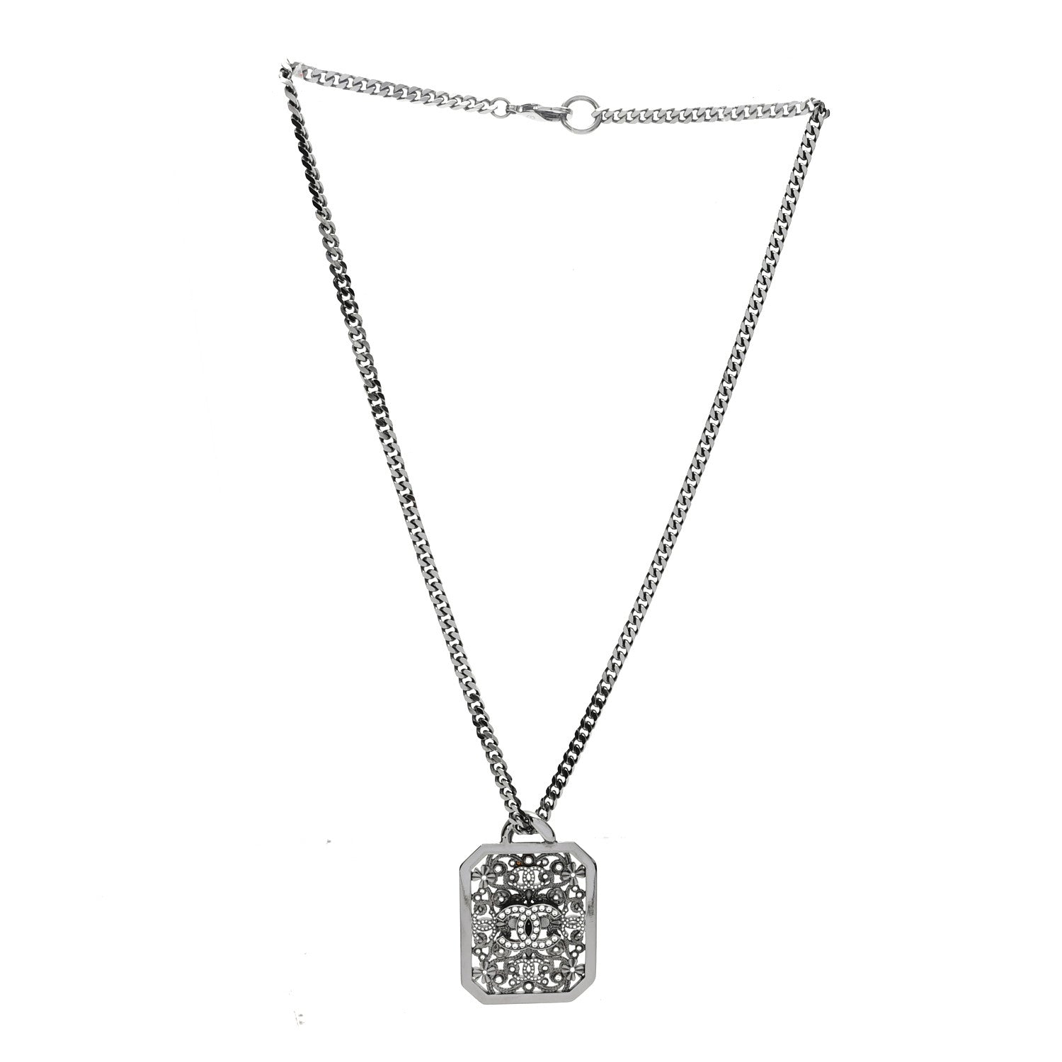 Chanel Crystal Strass CC Pendant Necklace Silver 2 of 5