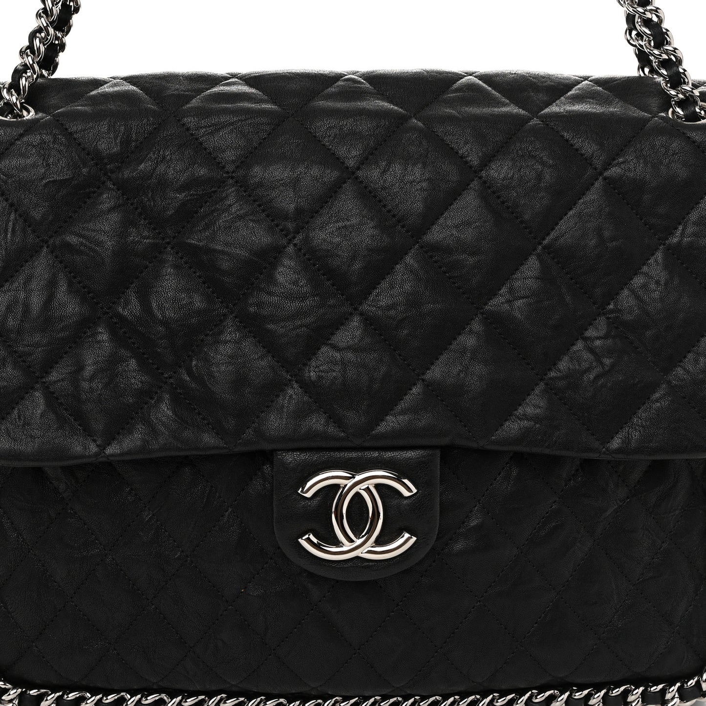 Washed Lambskin Quilted Maxi Chain Around Flap Black