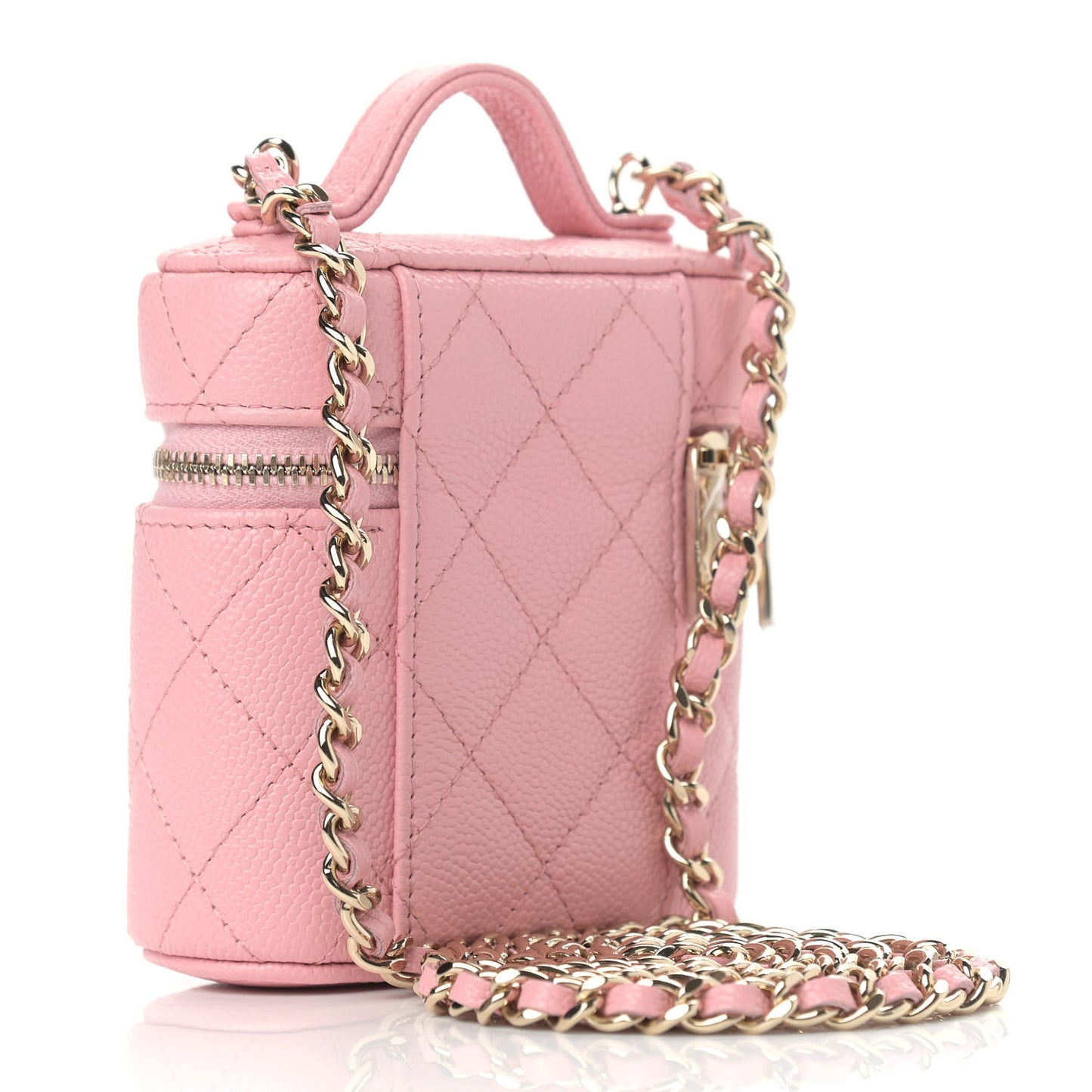Caviar Quilted Small Handle With Care Vanity Case With Chain Pink