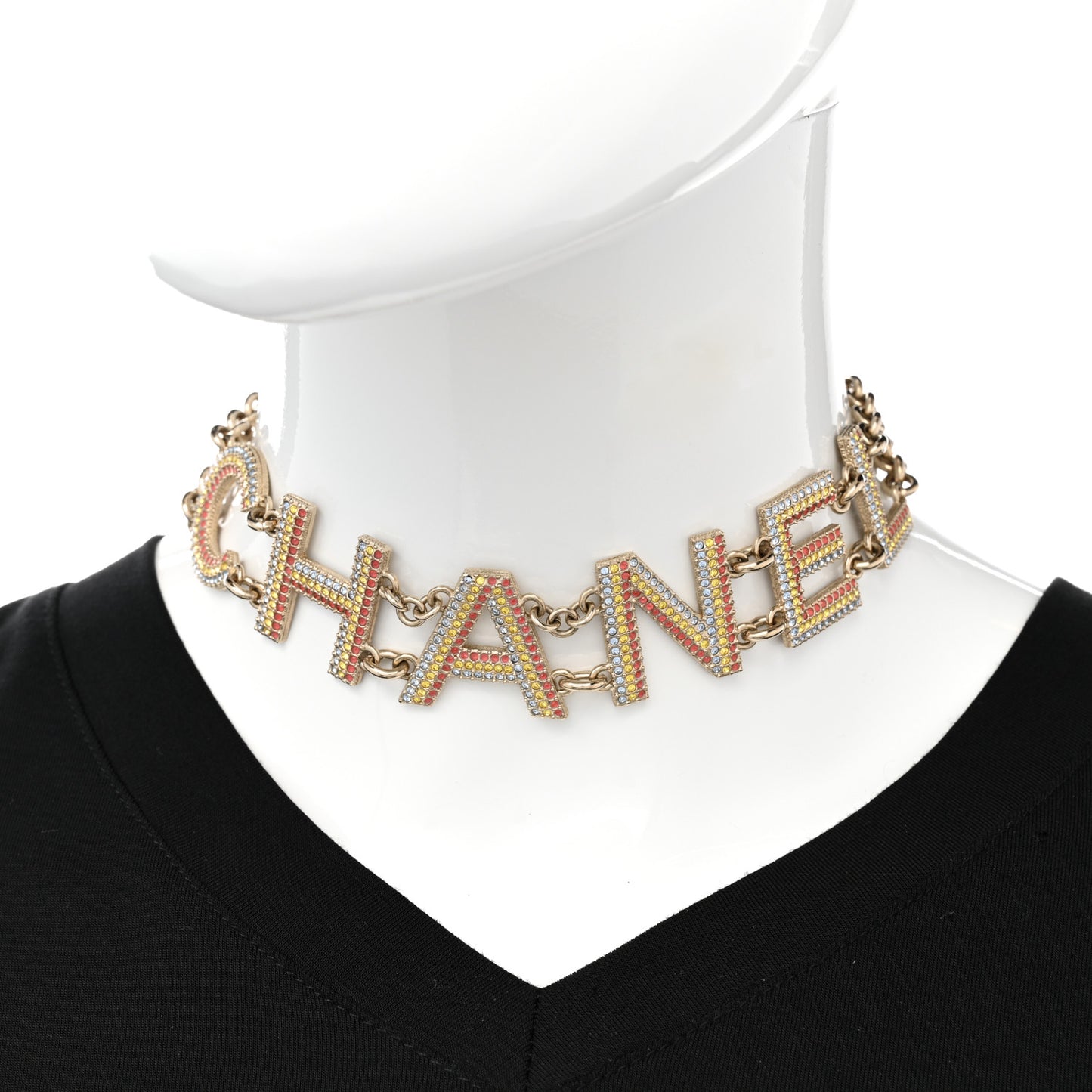 Metal Crystal Cha-Nel Logo Choker Necklace Multicolor Gold