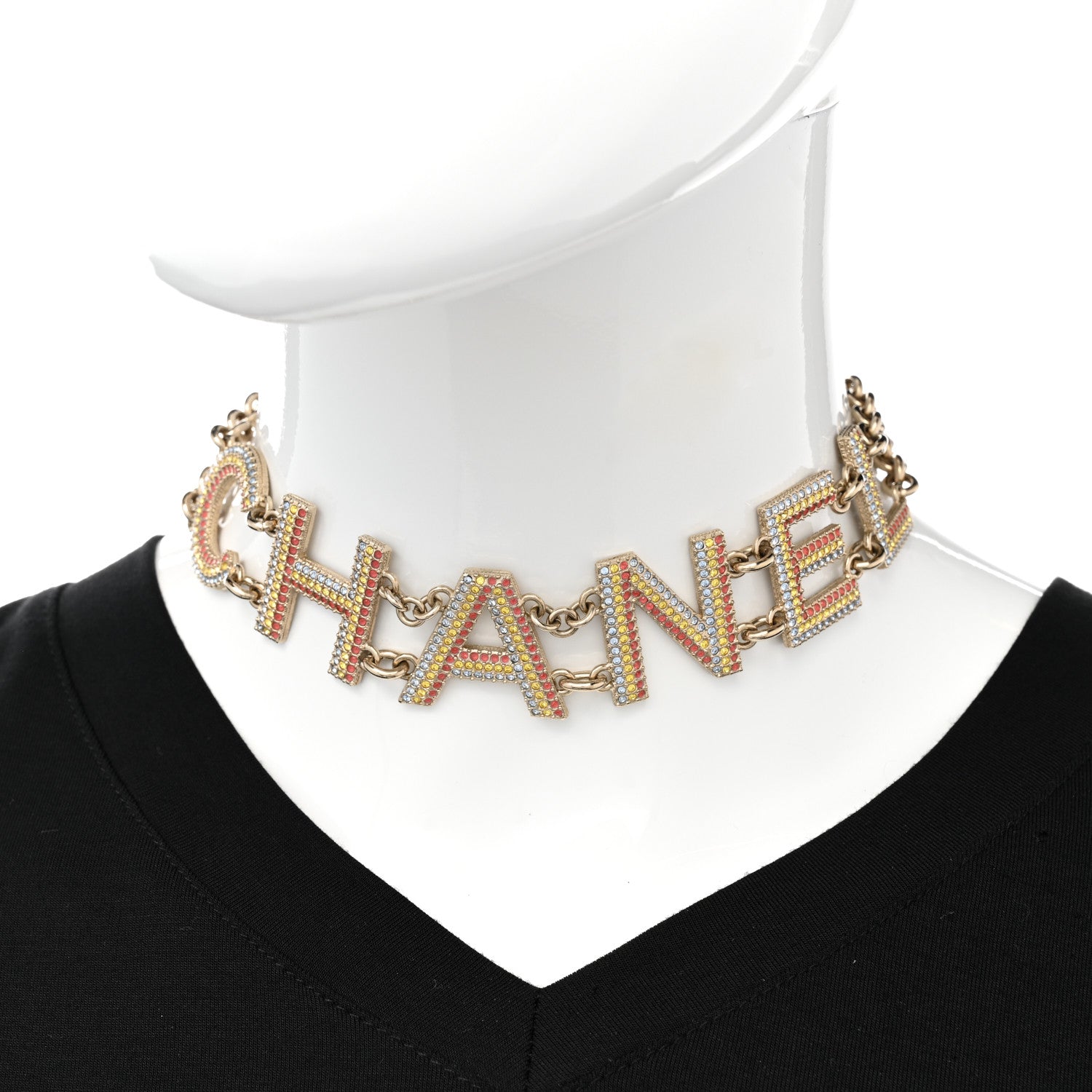 Chanel Metal Crystal Cha-Nel Logo Choker Necklace Multicolor Gold 2 of 6