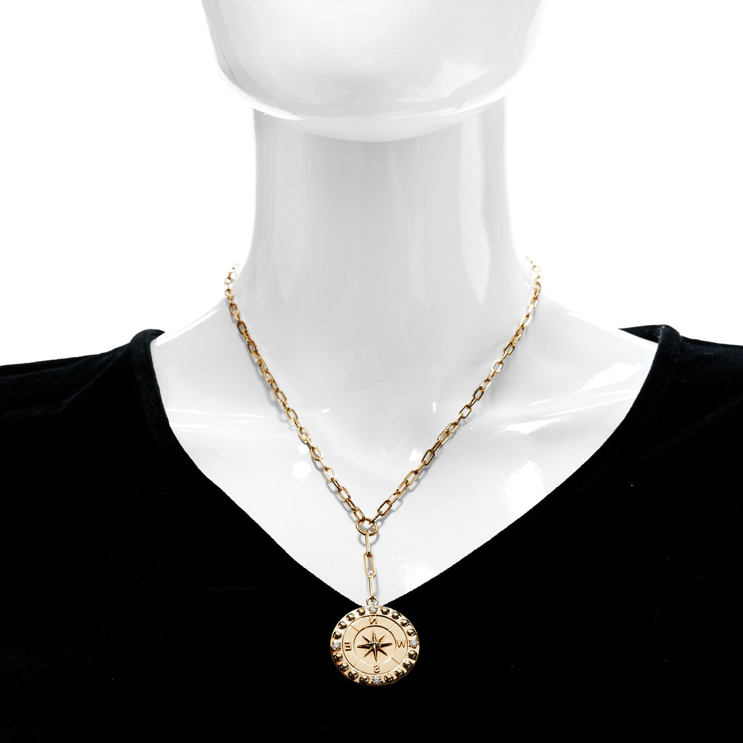 18K Yellow Gold Diamond Large Internal Compass Refined Clip Extension Chain Necklace