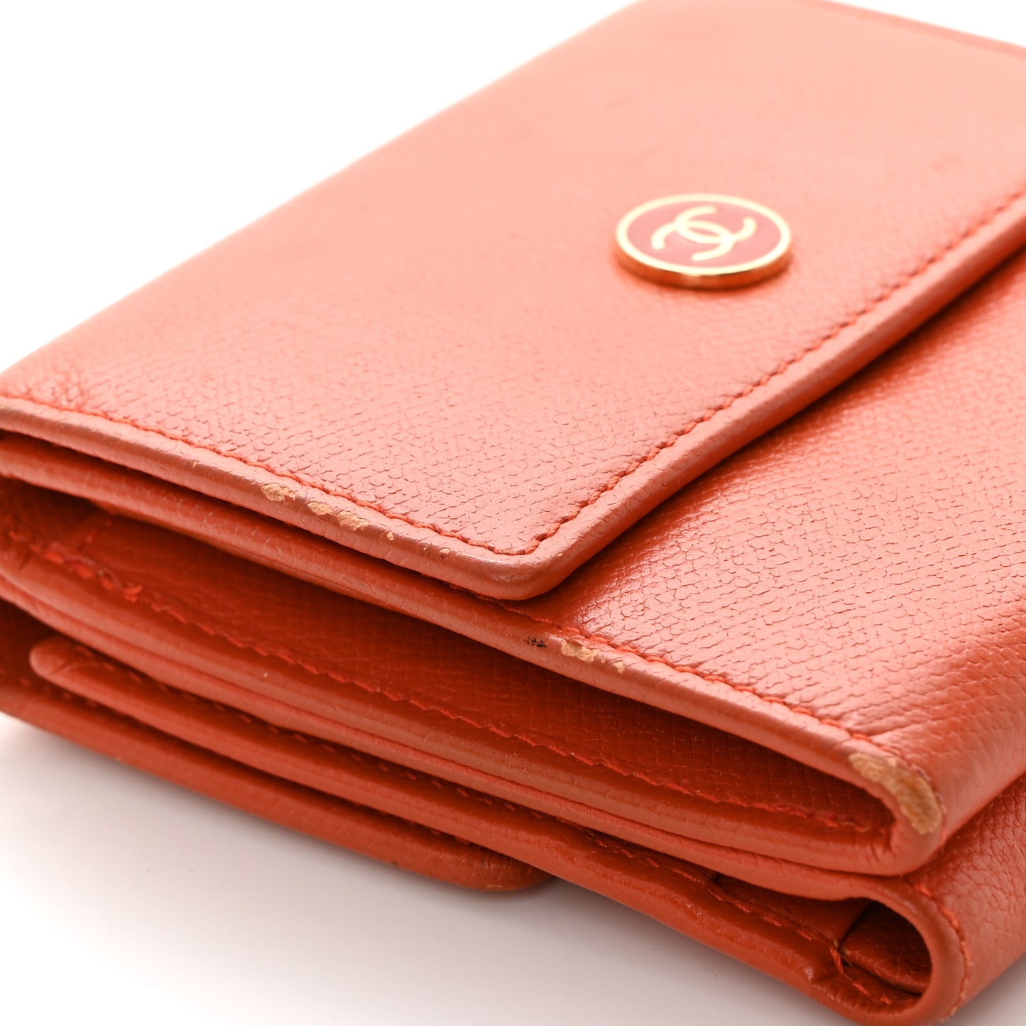 Grained Calfskin CC Button Compact Wallet Orange