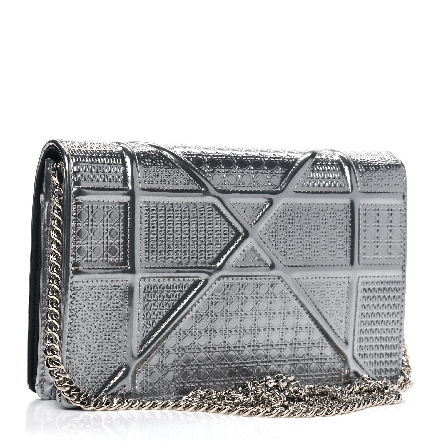 Christian Dior Metallic Patent Micro-Cannage Diorama Wallet on Chain Pouch Silver 2 of 6