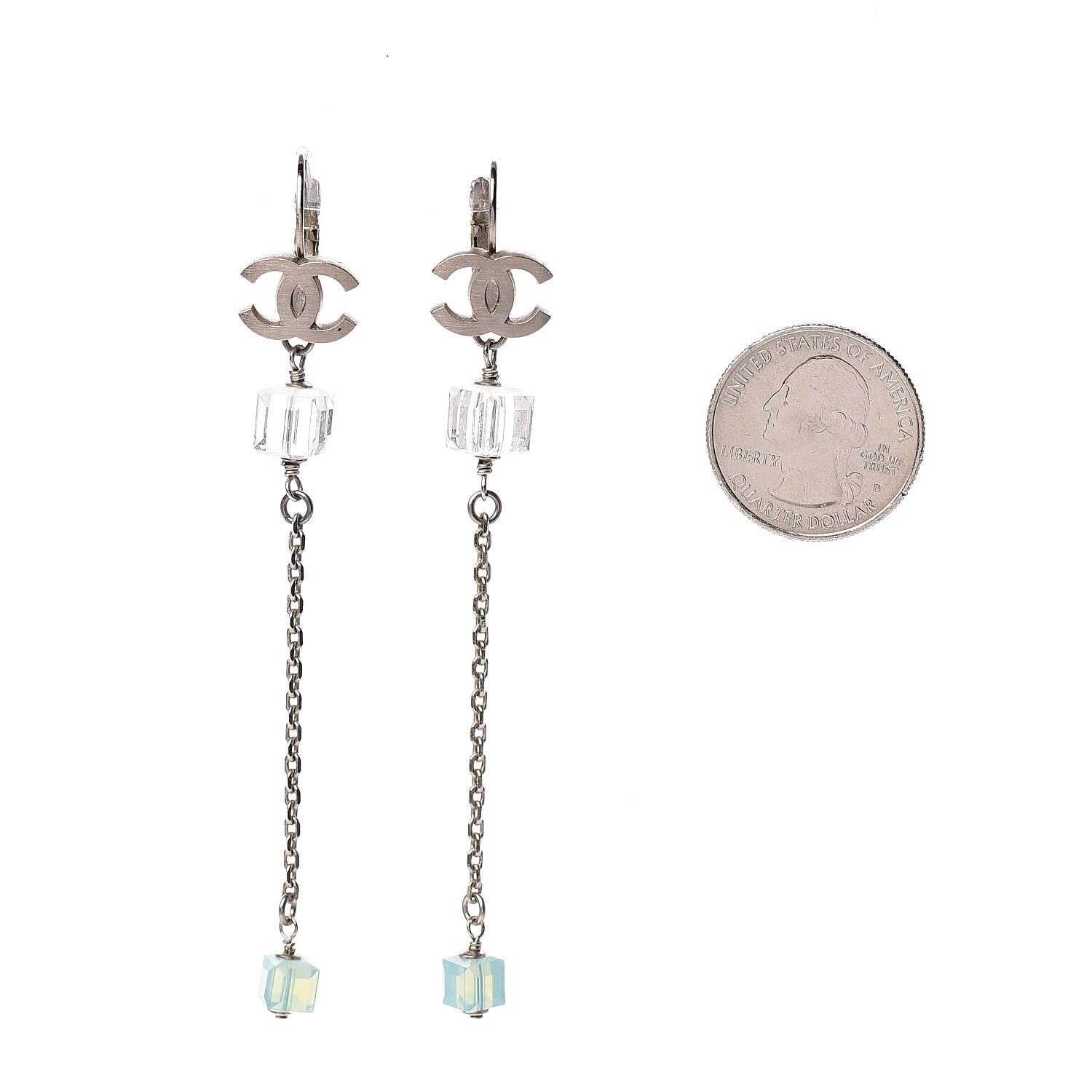 Chanel Crystal CC Dangle Earrings Silver Blue 2 of 5