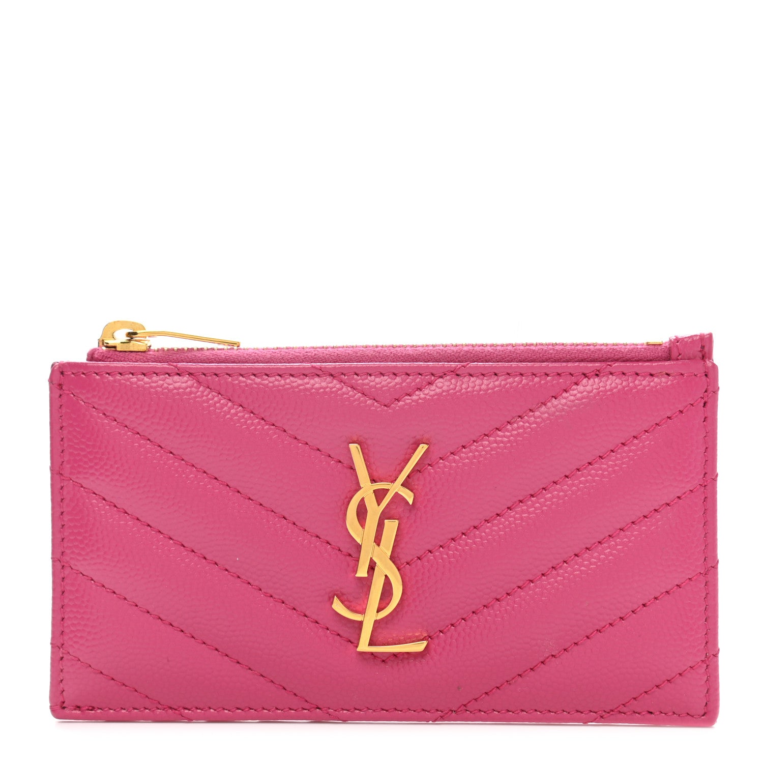Saint Laurent Grain De Poudre Matelasse Chevron Monogram Fragments Zippered Card Case Fresh Fuxia 1 of 7