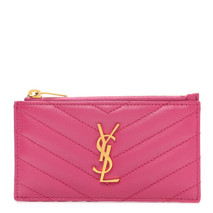Saint Laurent Grain De Poudre Matelasse Chevron Monogram Fragments Zippered Card Case Fresh Fuxia 1 of 7