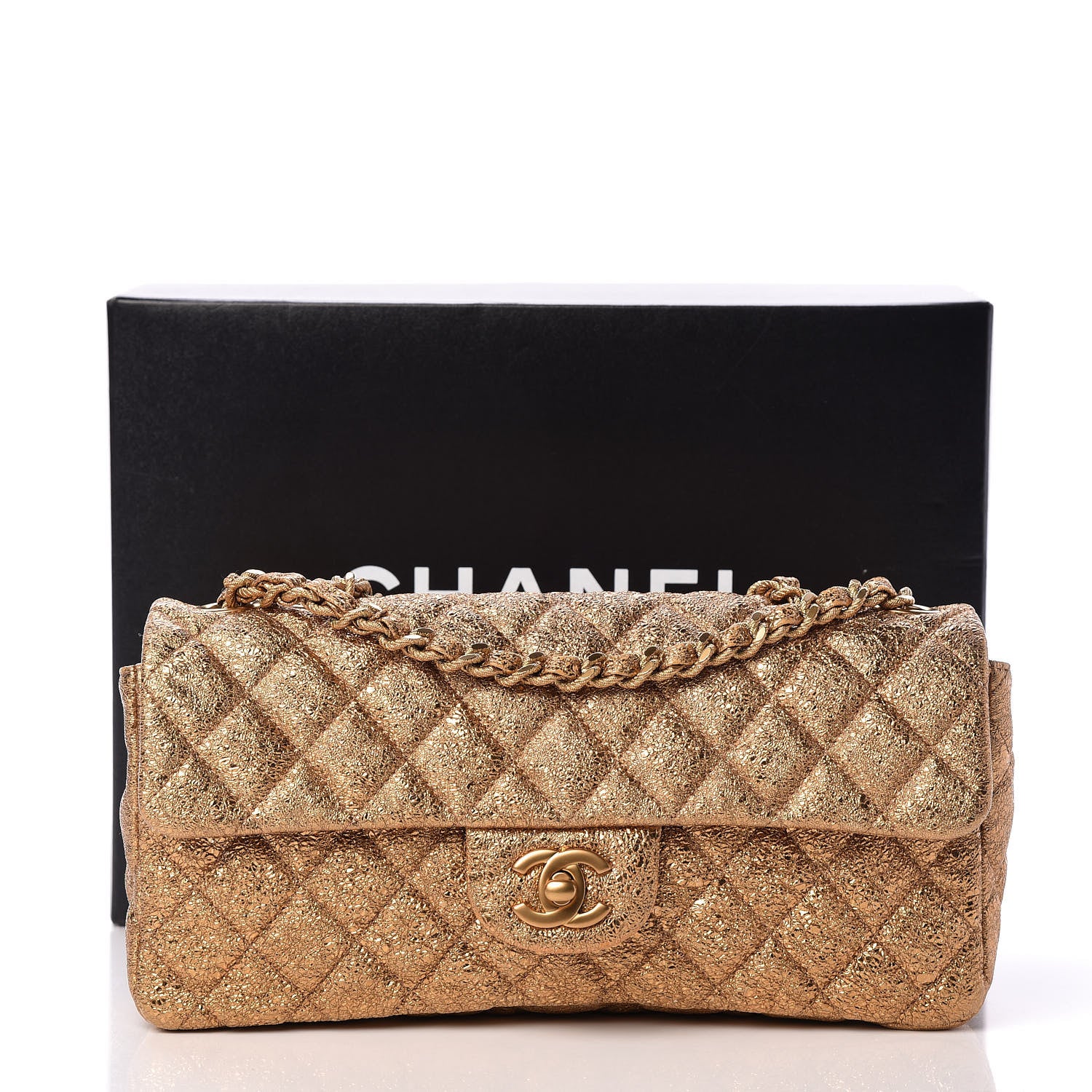 Chanel Metallic Crackled Calfskin Quilted East West Flap Dark Gold 12 of 12