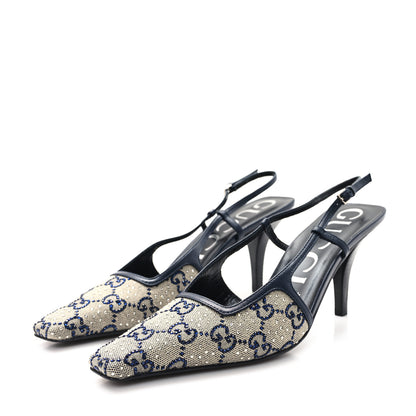 Gucci GG Monogram Malaga Kid Crystal Square G 75mm Slingback Pumps 38 Beige Blue 4 of 10