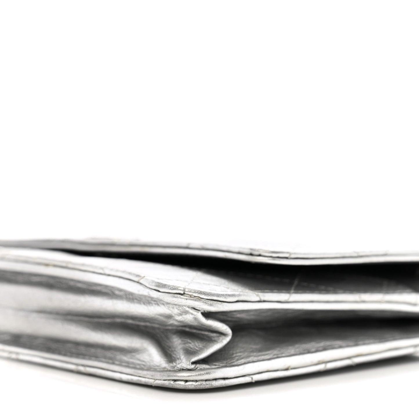 Metallic Aged Calfskin Quilted Wallet on Chain WOC Silver