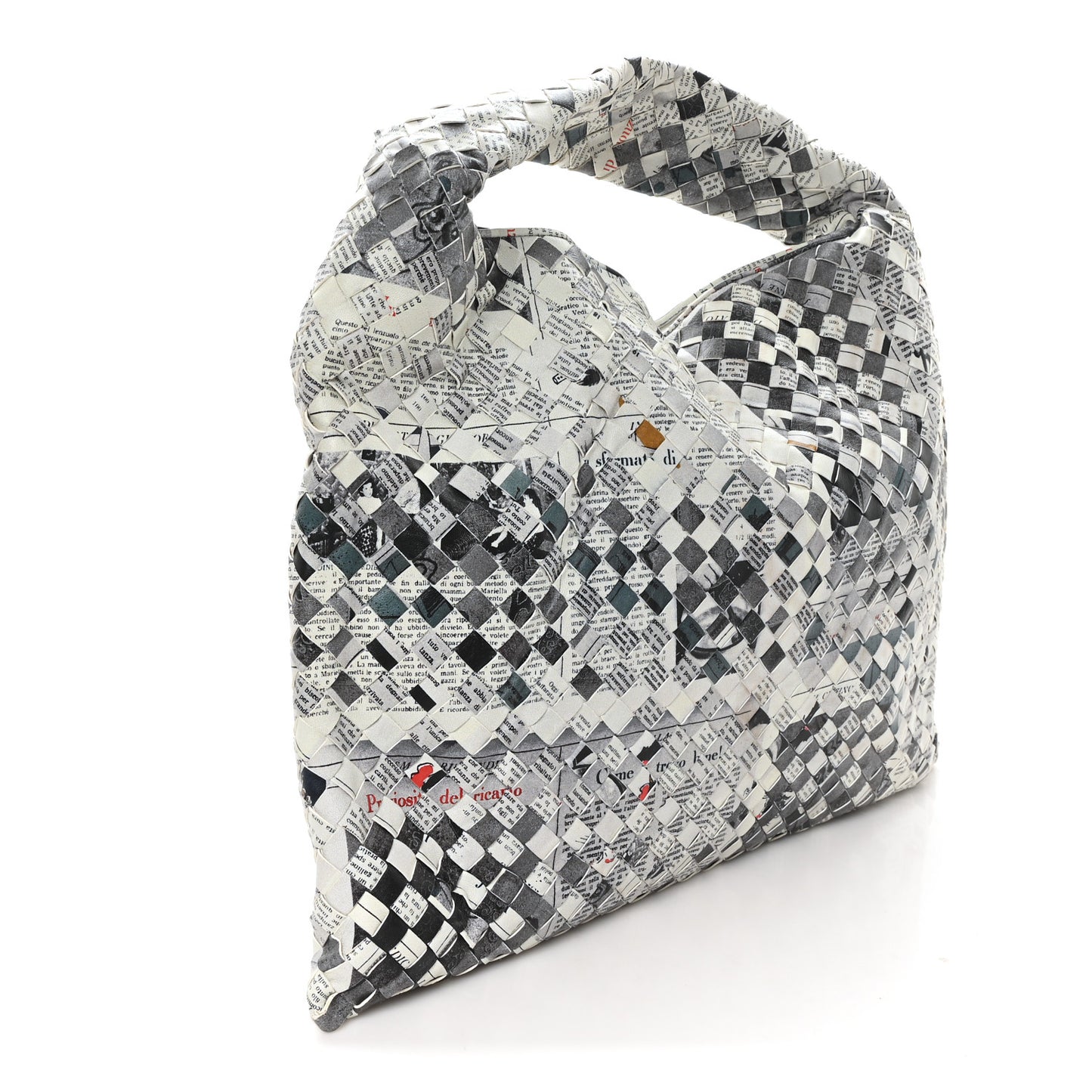 Calfskin Intrecciato Newspaper Print Large Hop Grey Black Multicolor