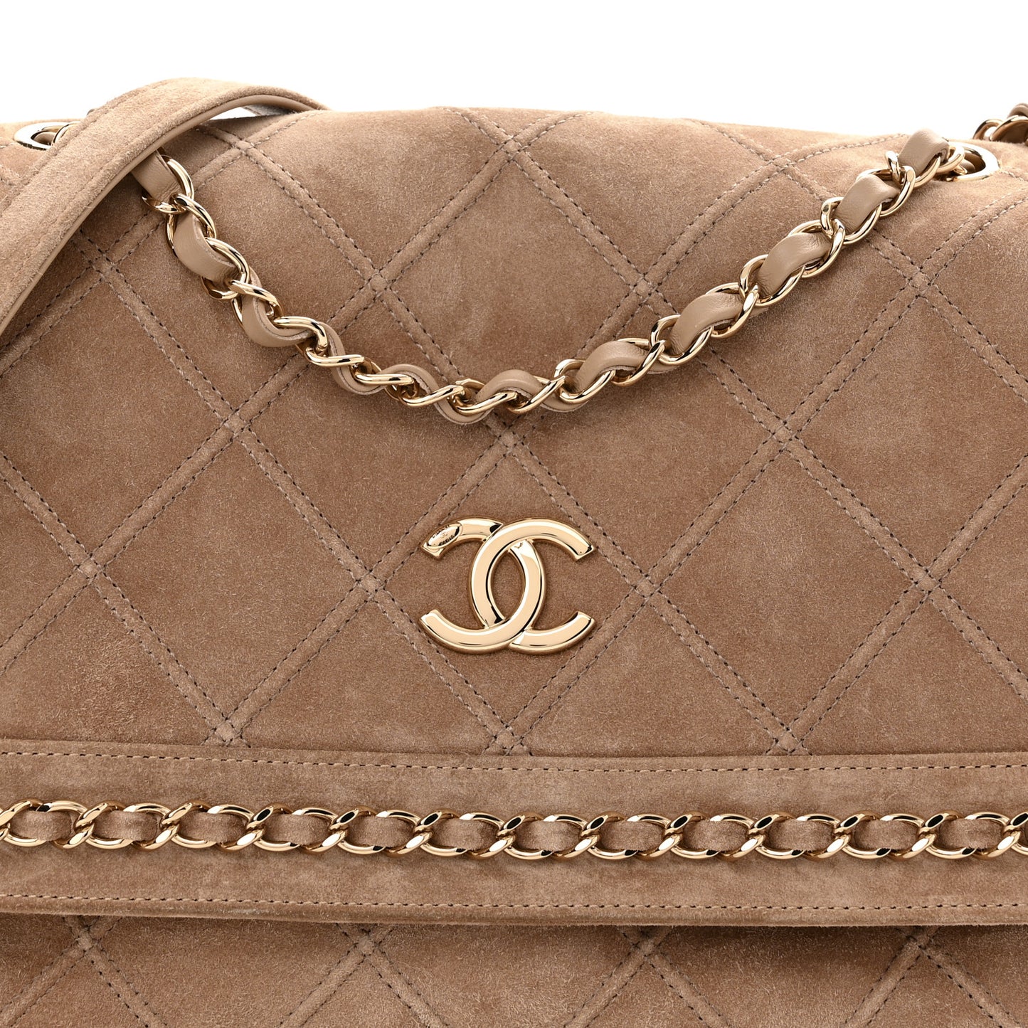 Suede Quilted Stitched Chain Medium Flap Beige