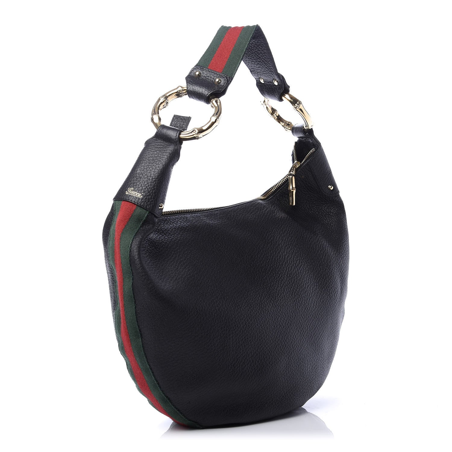 Gucci Pebbled Calfskin Web Bamboo Ring Hobo Black 3 of 11