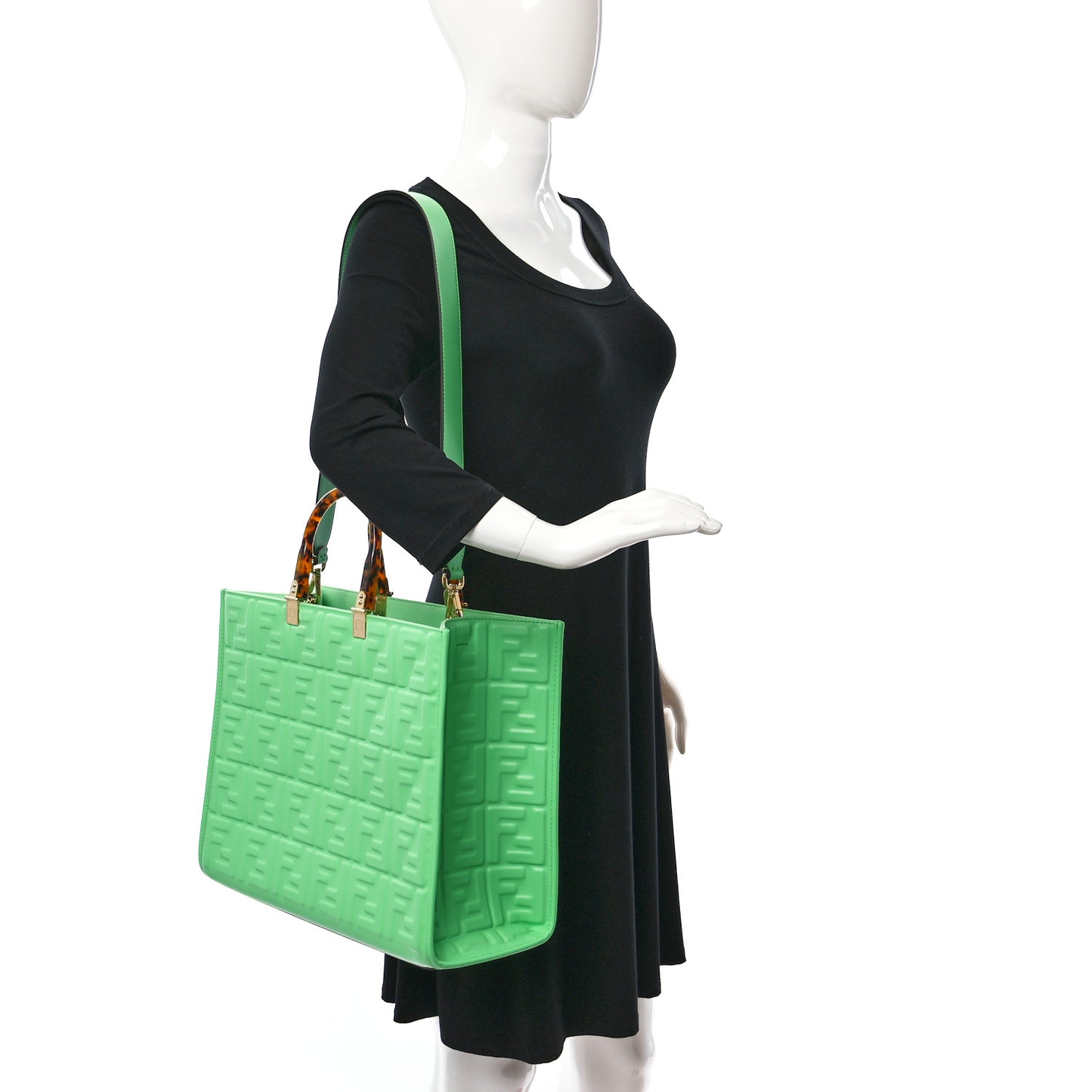 Vitello Plexiglass FF Embossed Medium Fendi Sunshine Shopper Tote Edamame