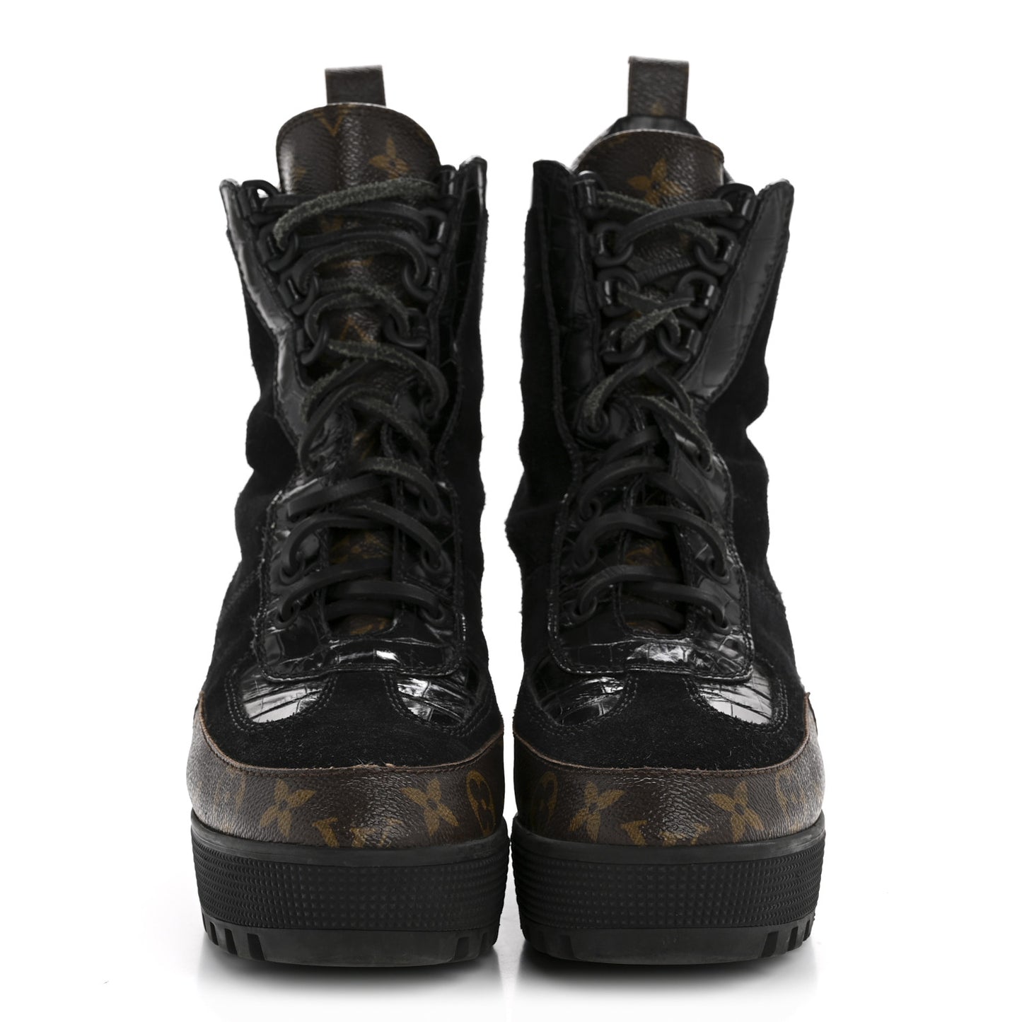 Suede Calfskin Crocodile Embossed Patent Monogram Laureate Platform Desert Boots 39 Black
