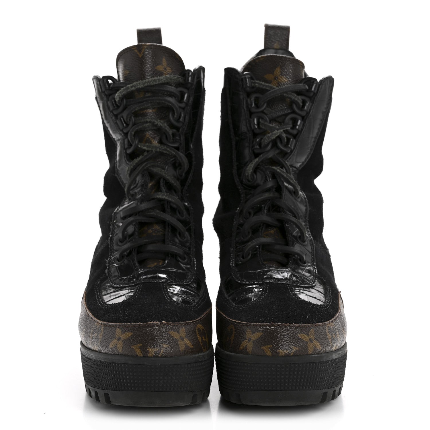 Louis Vuitton Suede Calfskin Crocodile Embossed Patent Monogram Laureate Platform Desert Boots 39 Black 3 of 10