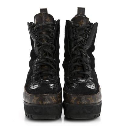 Louis Vuitton Suede Calfskin Crocodile Embossed Patent Monogram Laureate Platform Desert Boots 39 Black 3 of 10