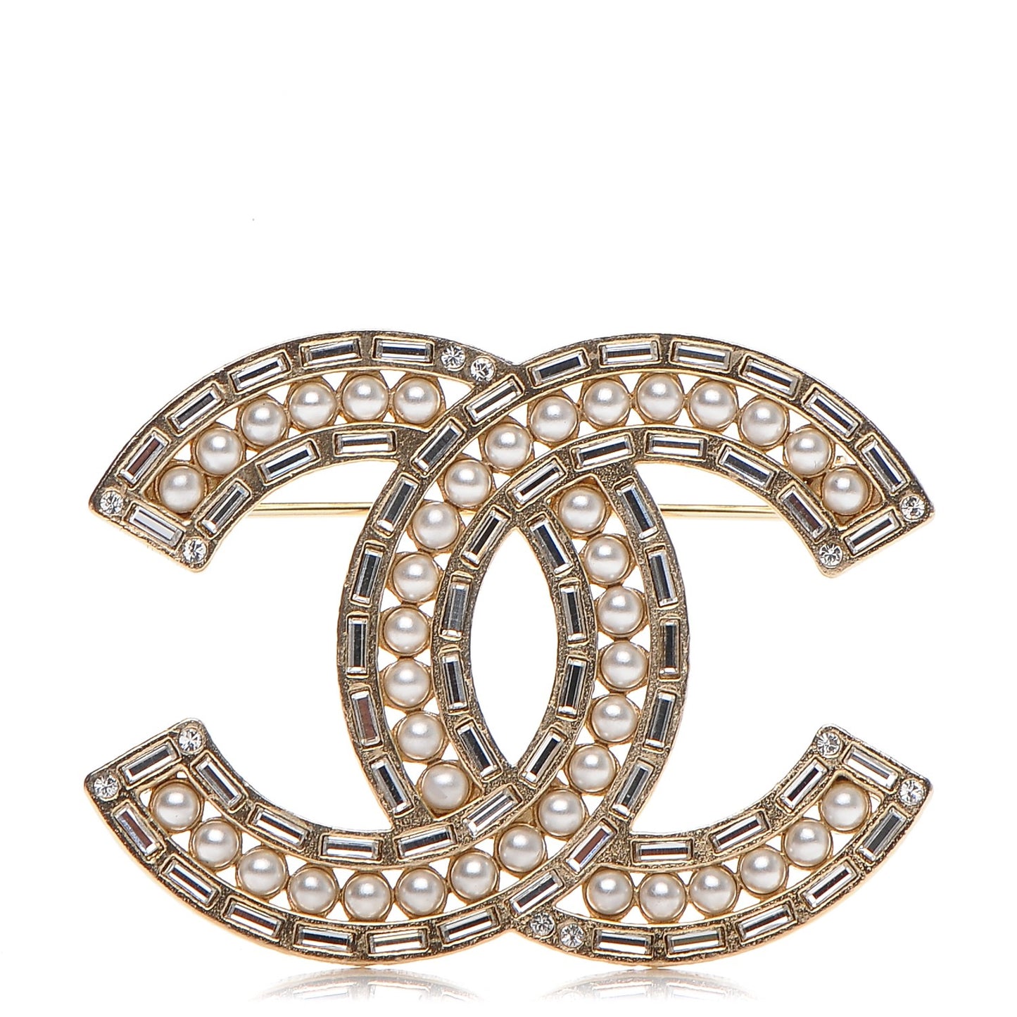 Pearl Baguette Crystal CC Brooch Gold
