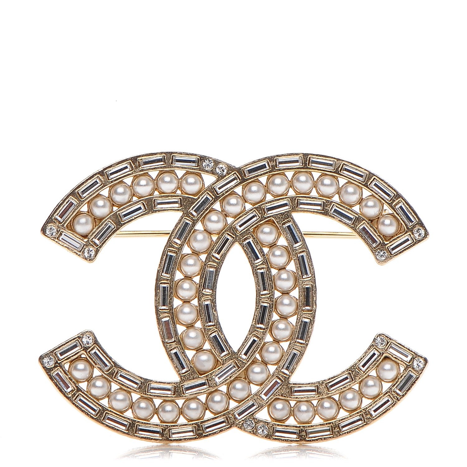 Chanel Pearl Baguette Crystal CC Brooch Gold 1 of 5