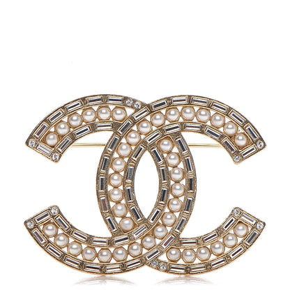 Chanel Pearl Baguette Crystal CC Brooch Gold 1 of 5
