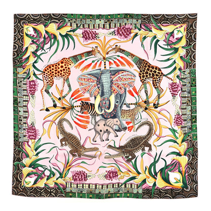 Hermes Silk La Marche Du Zambeze Scarf 90 Rose Pale Vert Jaune 1 of 3
