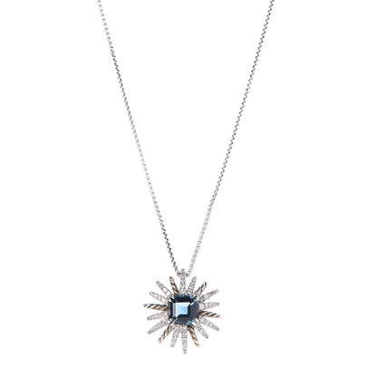 David Yurman Sterling Silver Diamond Hampton Blue Topaz 23mm Starburst Pendant Necklace 1 of 5