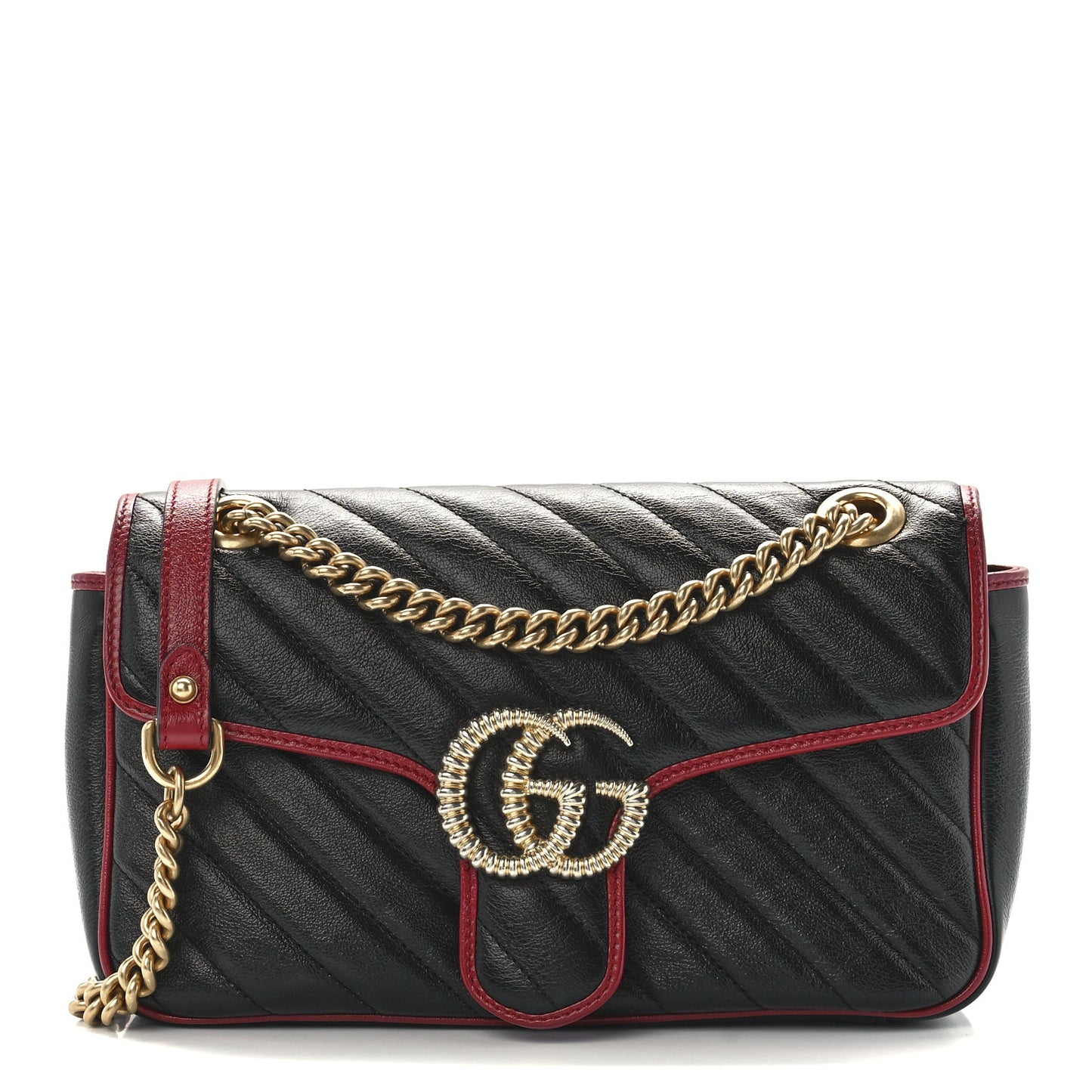 Vintage Effect Calfskin Matelasse Diagonal Small Torchon GG Marmont Shoulder Bag Black Romantic Cherry