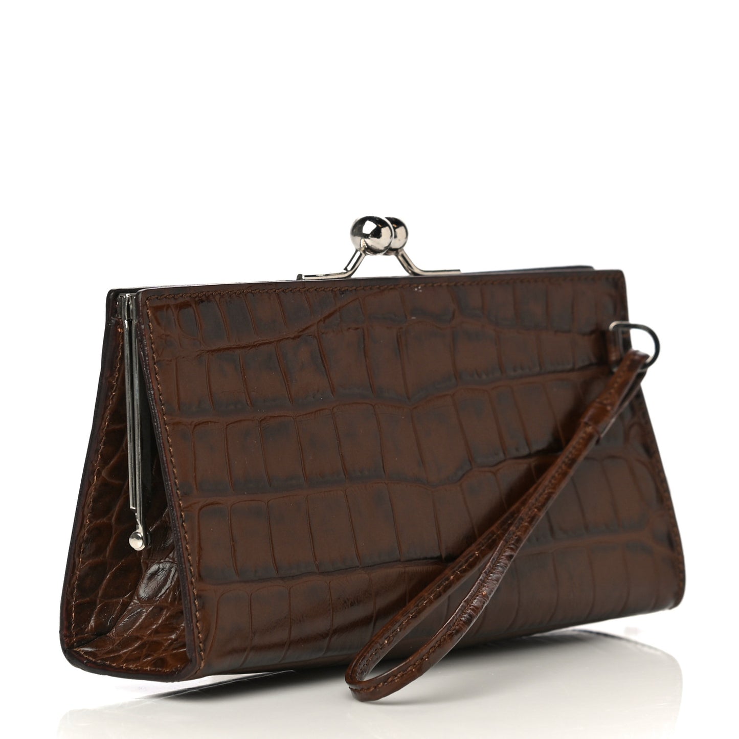 Crocodile Embossed Calfskin Wristlet Clutch Brown
