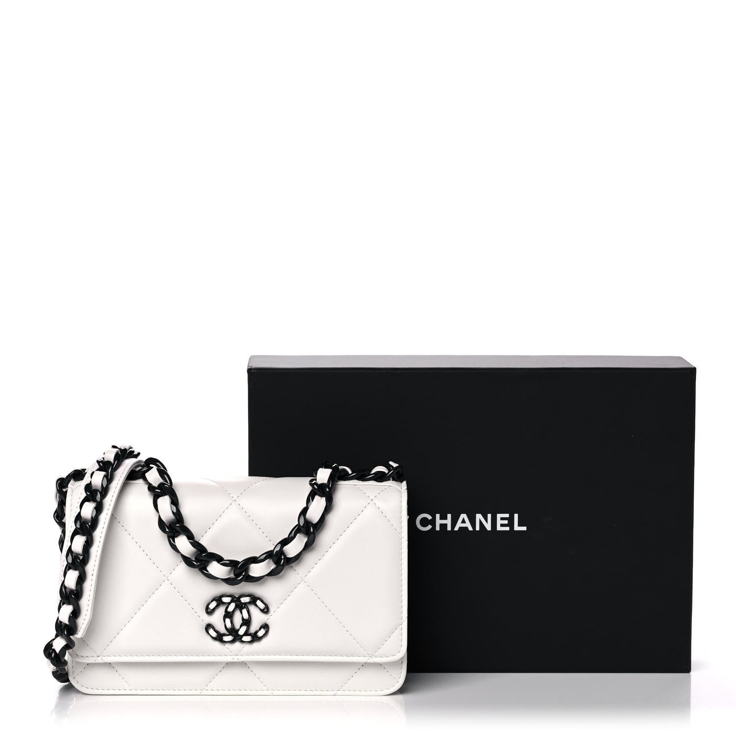 Chanel Glossy Calfskin Quilted Chanel 19 Wallet On Chain WOC White Black 15 of 15
