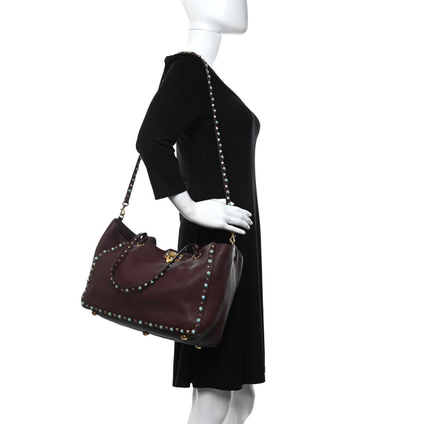 Pebbled Calfskin Turquoise Medium Rockstud Rolling Tote Rubin