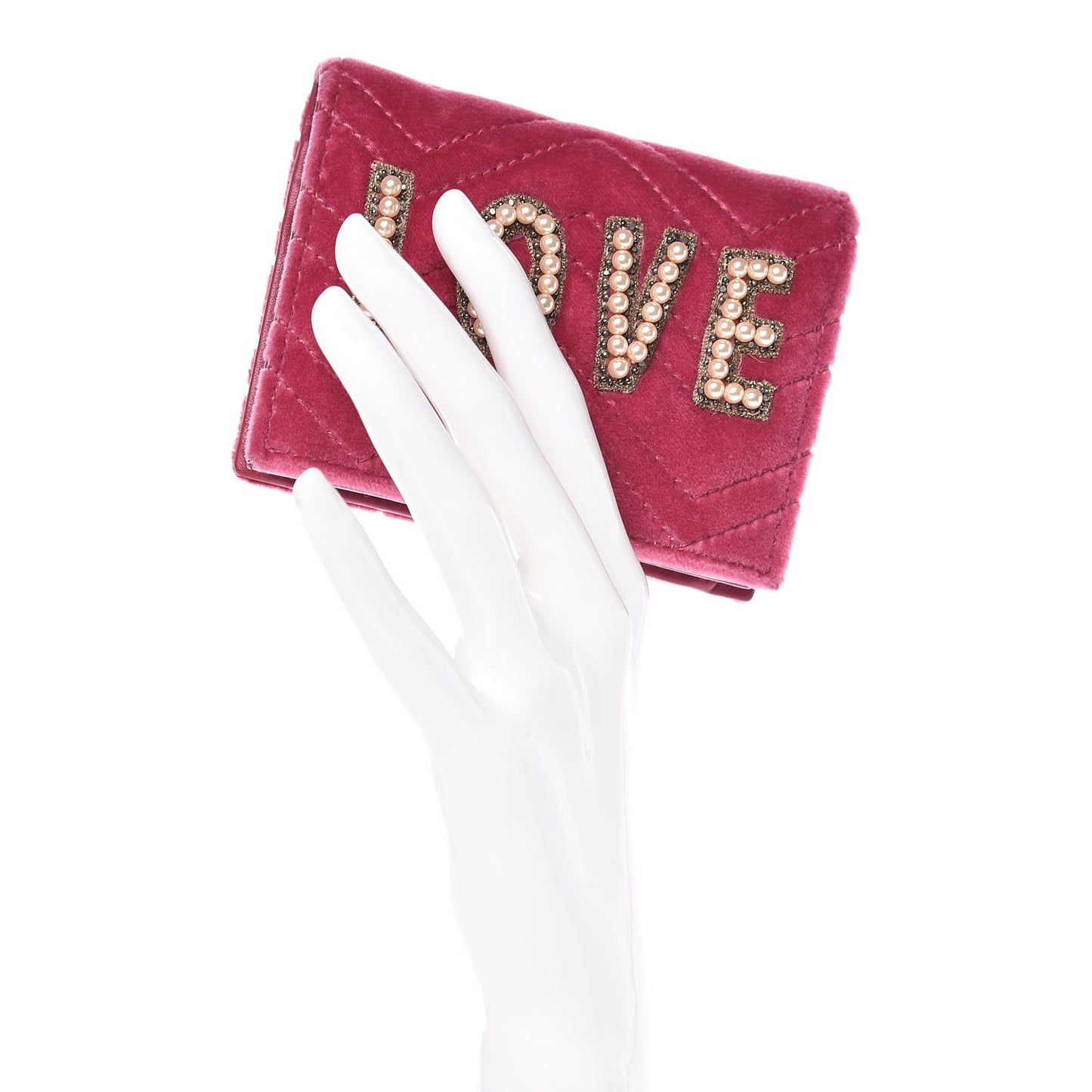 Velvet Matelasse Pearl Love Embroidered GG Marmont Card Case Wallet Light Raspberry Rose