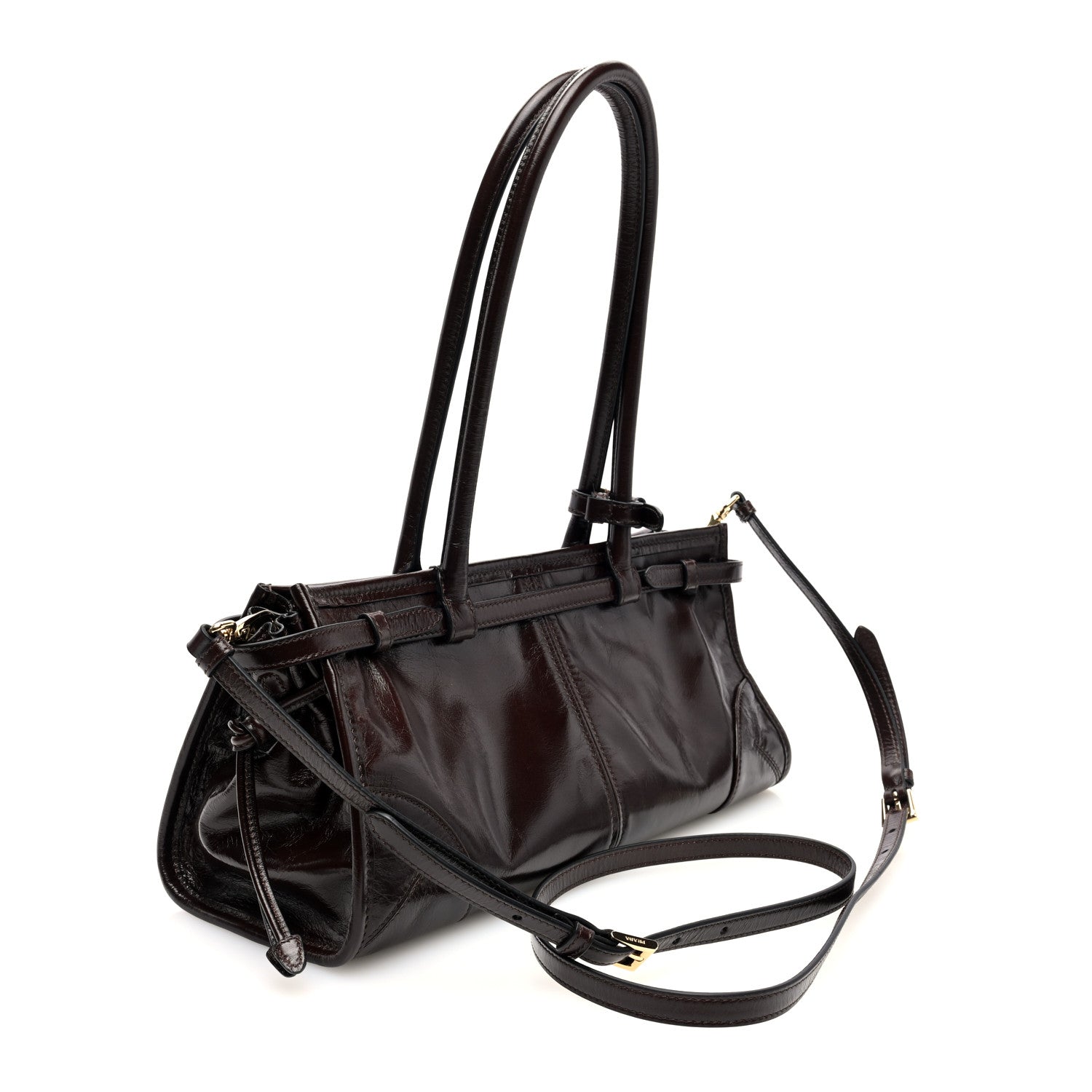 Prada Glossy Calfskin Triangle Medium Bonnie Shoulder Bag Dark Brown 3 of 9