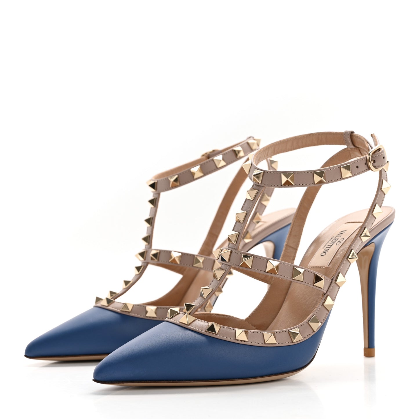 Calfskin Nappa Rockstud Ankle Strap 100mm Pumps 37.5 Baltique Poudre