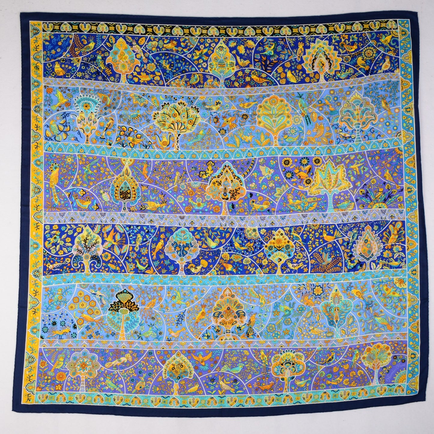 Cashmere Silk Au Pays Des Oiseaux Fleurs Shawl 140 Marine Turquoise Jaune